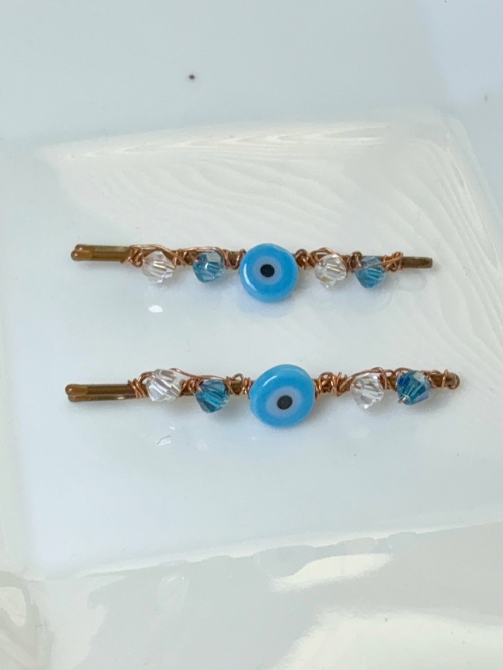 Light Blue Evil Eye and Clear and Light Blue Crystal Beaded Bobby Pins